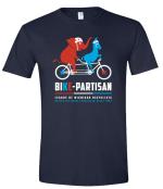 Product Description: It's not easy to find helmets to fit a donkey or an elephant, but anything's possible when you're "united for better bicycling"!</br></br>LMB isproud to be a "bike-partisan" organization, working with legislators on both sides of the aisle to pass bicycle-friendly laws and policies. We know that bicycling makes life better for everyone – red and blue alike! And every community in Michigan can benefit from more opportunities to ride a bike, for transportation andfor fun.</br></br>Shirts are printed on a navy Bella Canvas 100% cottonunisex tee. Production is 100% sweatshop-free. Quantities are limited.</br> Bike-Partisan Shirt and Sticker