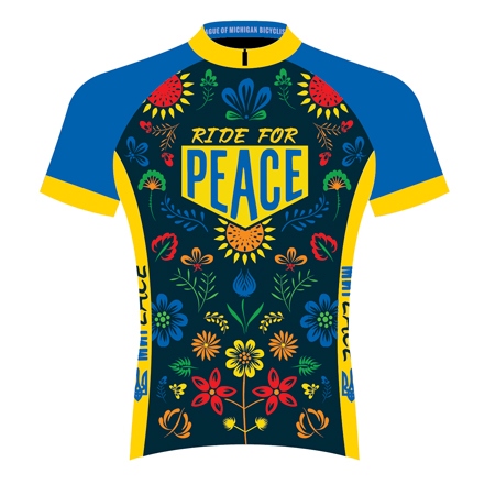 Product Description: You asked and we listened! New Active Shirt versions of our Ride for Peace design are now available. Use this page to order jerseys orpurchase the active shirt versionhere.</br></br>Ride for Peace, for Ukraine</br></br>We stand in solidarity with the people of Ukraine. No moral person can support this senseless war. We insist on an immediate ceasefire and an end to the Russian invasion.</br></br>To put these words into action, the League of Michigan Bicyclists (LMB) is offering a custom Ride for Peace jersey for a limited period of time.The jersey is designed by Zoya Shevchenko, a (former)LMB staff member whose family members are in Ukraine and whose artist statement is below.</br></br>We have inventory in stock for most sizes of the jersey!</br>$85 + shipping</br>The Ride for Peace jersey is high-quality, breathable fabric, manufactured by Primal</br>Full-zip design, available from XS to 5X sizes</br>SpeedPro Fabric; Raglan Sleeve Style; 3 Rear Cargo Pockets; Standard Fit</br></br>Sizing:</br></br>Men's Sport Cut Details</br>Women's Sport Cut Details</br>SIZING CHART</br></br>The Ride for Peace sticker is also available!</br></br>ARTIST STATEMENT</br></br>When I envision Ukrainian garments, I think of flowers: beautiful, flowy blouses covered in intricate daisies, poppy, and sunflowers, hand-embroidered in the brightest shades imaginable. I picture a flower crown braided from a captivating bouquet, resting above a long braided hairstyle. In my jersey design, I tried to mimic Ukrainian folk art and its abundant use of these elements. On the sides of the jersey, you will find the word мирeace. This is actually the word for peace in both Ukrainian – "мир" – and English – "peace" – merged into one. The jersey’s side panels also feature a gold trident, the Ukrainian Coat of Arms and a symbol of protection. The deep azure on the sleeves and maize on the cuffs, borrowed from the Ukrainian flag, represent the country’s calm blue skies and expansive wheat fields.</br></br>Albert Camus’ words on the back of the jersey speak for themselves — there is simply no territory or economic gain worth more than human life. For me, peace means safe living conditions for my grandmother and aunt. It means turning on the news and no longer seeing my family’s country up in flames. It means feeling confident in my own future and that of mankind. Today, tomorrow, and every day that follows, I ride for peace.</br></br>– Zoya Shevchenko, Design and Communications Associate, LMB</br></br>ABOUT THE QUOTE</br></br> The quote featured on the back of the jersey, “peace is the only battle worth waging,” is taken from an essay by Albert Camus in response to the atomic bombing of Hiroshima in 1945. It concludes:</br></br>Let us be clear about this. If the Japanese capitulate through intimidation after the destruction of Hiroshima, we will rejoice. However, we refuse to take anything from such grave news other than the determination to plead even more fervently for a veritable international society, where the great powers will not have greater rights than those of small and medium-sized nations, where war—a plague made into a reality solely by the application of human intelligence—no longer depends on the appetites or doctrines of one state or another. In the face of the terrifying prospects opening up to humanity, we see more clearly how peace is the only battle worth waging. It is no longer a prayer but an order which should rise up from the people to governments, the order to definitively choose between hell and reason.</br></br>RIDE FOR PEACE STICKERS</br></br>The Ride for Peace sticker is a perfect companion to the jersey. 3” by 3” vinyl die-cut sunflower design. Perfect for your water bottle, vehicle bumper, laptop, or journal cover. Click here to add it to your cart.</br></br>1 for $3was 1 for $5</br>3 for $5 was 3 for $10</br>5 for $10was 10 for $25</br> Ride for Peace Jersey