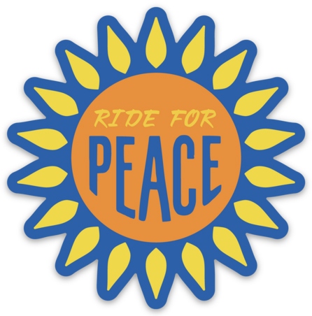 Product Description: Ride for Peace</br></br>The Ride for Peace sticker compliments our Ride for Peace Jersey.This 3” by 3” vinyl die-cut sunflower design is perfect for your water bottle, vehicle bumper, laptop, or journal cover.</br></br>1 for $3 was 1 for $5</br>3 for $5 was 3 for $10</br>5 for $10 was 10 for $25</br> Ride for Peace Sticker $3/5/10