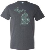 Product Description: Introducing the mitten gear tee!</br></br>LMB's newest t-shirt design is an update on our tried-and-true mitten chain pattern. Instead of bicycle chains, the iconic Michigan shape is now comprised of an assortment of bicycle gears, sprockets, and cranks. You're sure to attract attention wherever you go with this stylish and versatile tee.</br></br>Click 'More Images' above to view all available colors and styles.</br></br>Features:</br></br>Iconic Michigan shape made of bicycle components.</br>50% cotton/ 50% polyester blend. Green available in 100% cotton.</br> Mitten Gear Tee (3 color options)