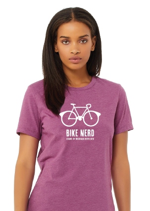 Product Description: Let your inner nerd shine through!</br></br>Three Color Options / Two Fits Available. (with a matching sticker):</br></br>Heathered Team Purple w/ light blue print - Unisex</br>Heather Green w/ navy print - Unisex Heather</br>Magenta w/ white print - Female Cut Unisex</br></br>This updated essential unisex heathered T shirt fits like a well-loved favorite, featuring a crew neck, short sleeves and designed with superior Airlume combed and ring-spun cotton that acts as the best blank canvas for printing. Features: Side-seamed. Retail fit. Unisex sizing. Shoulder taping. Fabrication: 52% Airlume combed and ring-spun cotton, 48% poly, 32 single 4.2 oz. Ath.</br></br>Eco-Friendly recycled content 100%</br>No Sweatshops</br></br>Stickers also available!</br> Bike Nerd Shirt (3 Colors, Unisex & Female Cut) w/